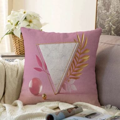 Pembe Zeminli Üçgen Mermer Motifli Modern Raşel Yastık Kırlent Kılıfı