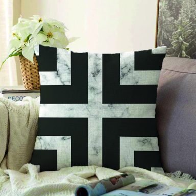 Mermer Zeminli Siyah Geometrik Desenli Modern Raşel Yastık Kırlent Kılıfı