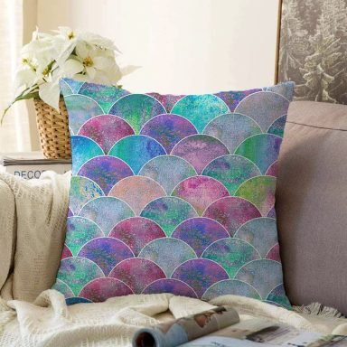 Mavi Zeminde Yuvarlak Desenli Modern Raşel Yastık Kırlent Kılıfı