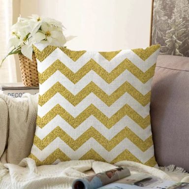Zigzag Altın Kabartma Desenli Modern Tasarımlı Raşel Yastık Kırlent Kılıfı