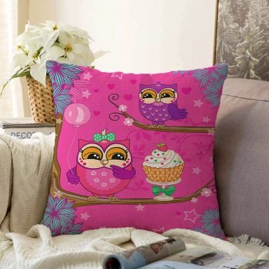 Çocuk Odası Pembe Baykuş Tasarımlı Raşel Yastık Kırlent Kılıfı