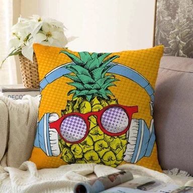 Turuncu Zeminde Summer Ananas Tasarımlı Raşel Yastık Kırlent Kılıfı