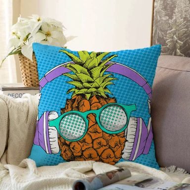 Mavi Zeminli Tropikal Ananas Tasarımlı Raşel Yastık Kırlent Kılıfı