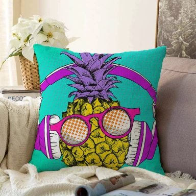 Mavi Zeminde Ananas Desenli Dijital Baskılı Raşel Yastık Kırlent Kılıfı