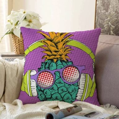 Mor Zeminde Tropikal Ananas Desenli Dijital Baskılı Raşel Kırlent Kılıfı