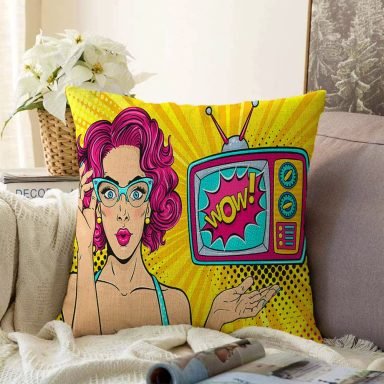 Pop Art Wow Desenli Özel Tasarım Dekoratif Raşel Yastık Kırlent Kılıfı