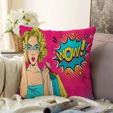 Pempe Pop Art Wow Tasarımlı Dekoratif Raşel Yastık Kırlent Kılıfı