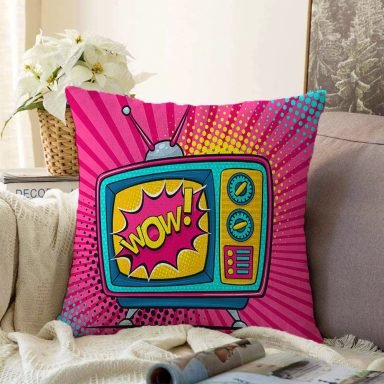 Pop Art Wow TV Desenli Dekoratif Raşel Yastık Kırlent Kılıfı