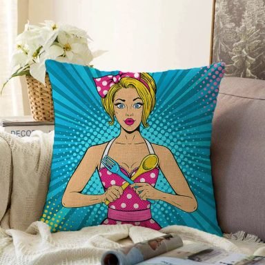 Mavi Zemini Popart Girl Desenli Dekoratif Raşel Yastık Kırlent Kılıfı
