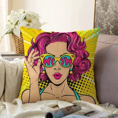 Sarı Zeminli Pop Art Girl Desenli Dekoratif Raşel Yastık Kırlent Kılıfı