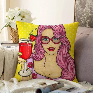 Sarı Zeminli Popart Girl Desenli Dekoratif Raşel Yastık Kırlent Kılıfı
