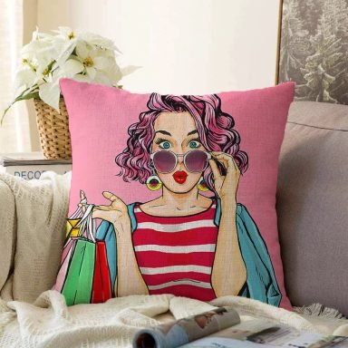 Pembe Zeminli Popart Desenli Dekoratif Raşel Yastık Kırlent Kılıfı