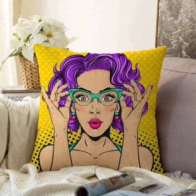 Sarı Puanlı Popart Desenli Dekoratif Raşel Yastık Kırlent Kılıfı