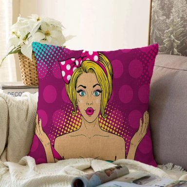 Fuşya Puanlı Popart Desenli Dekoratif Raşel Yastık Kırlent Kılıfı