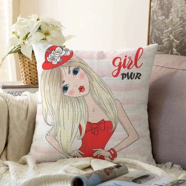 Çizgili Grl Power Desenli Dijital Baskılı Dekoratif Raşel Yastık Kırlent Kılıfı