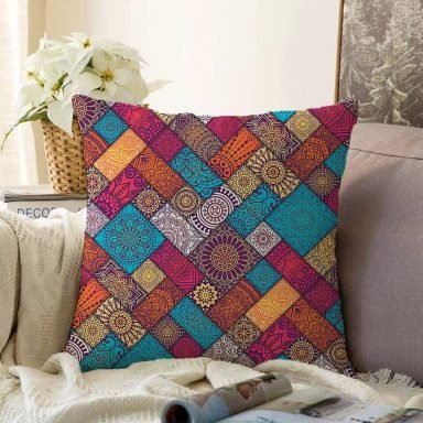Geometrik Etnik Desenli Özel Tasarım Raşel Yastık Kırlent Kılıfı
