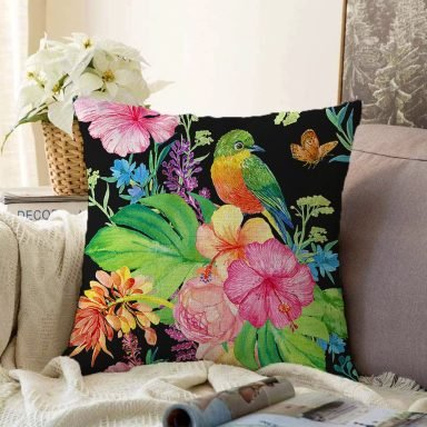 Watercolor Çiçek ve Kuş Motifli Özel Tasarım Raşel Yastık Kırlent Kılıfı
