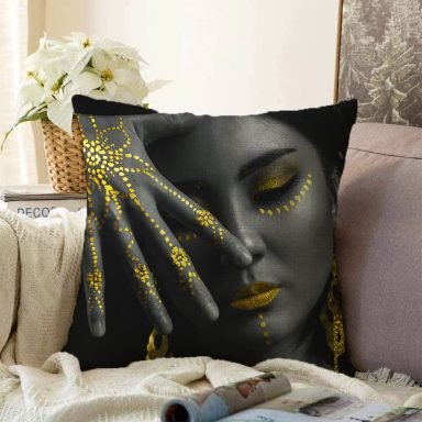 Siyahi Kadın Tasarımlı 3D Dijital Baskılı Modern Raşel Yastık Kırlent Kılıfı
