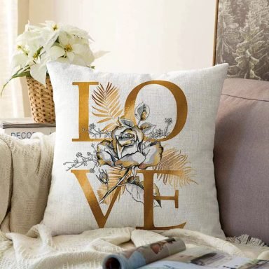 Altın Varaklı Love Tasarımlı Modern Dekoratif Raşel Yastık Kırlent Kılıfı