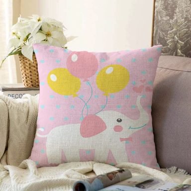 Pembe Zeminde Fil ve Balon Motifli Çocuk Odası Raşel Yastık Kırlent Kılıfı