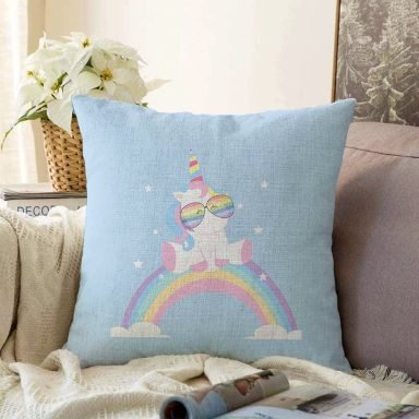 Mavi Zeminde Unicorn Tasarımlı Çocuk Odası Raşel Yastık Kırlent Kılıfı