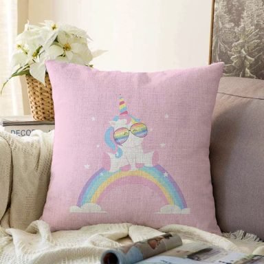 Pembe Zeminde Unicorn Tasarımlı Çocuk Odası Raşel Yastık Kırlent Kılıfı