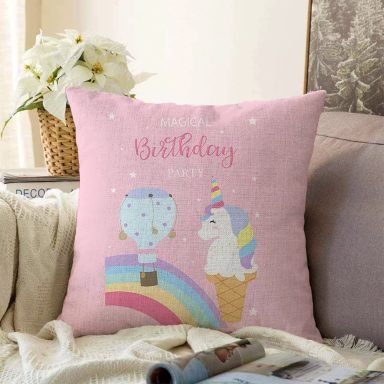 Pembe Zeminde Unicorn Tasarımlı Çocuk Odası Raşel Yastık Kırlent Kılıfı