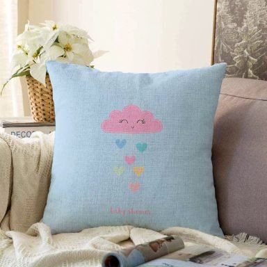 Mavi Zeminde Pembe Bulutlu Baby Shower Çocuk Odası Raşel Yastık Kırlent Kılıfı
