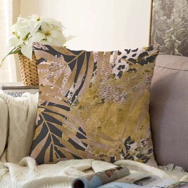 Siyah Leopar Zeminde Kurumuş Yaprak Motifli Modern Raşel Yastık Kılıfı
