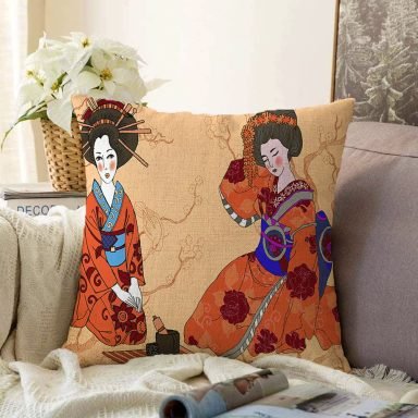 Uzak Doğu Kültürlü Japon Kadın Dijital Baskılı Dekoratif Raşel Kırlent Kılıfı