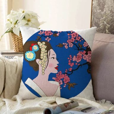 Çiçek Motifli Japon Kız Desenli Dekoratif Raşel Yastık Kılıfı