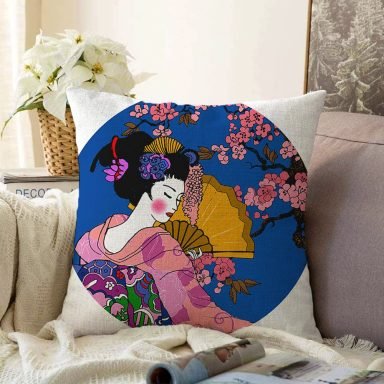 Çiçek Desenli Yelpazeli Japon Kız Motifli Modern Raşel Kırlent Kılıfı