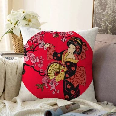 Çiçek Desenli Yelpazeli Japon Kız Motifli Modern Raşel Yastık Kılıfı