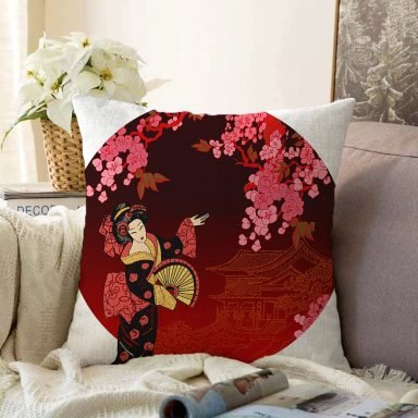 Çiçek Desenli Yelpazeli Japon Kız Motifli Modern Raşel Kırlent Kılıfı