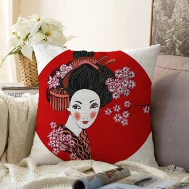 Beyaz ve Kırmızı Zeminde Papatya Tasarımlı Japon Kız Modern Raşel Kırlent Kılıfı