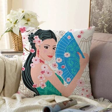 Mavi Yelpazeli Çizgi Motifli Kadın Motifli Dekoratif Raşel Kırlent Kılıfı
