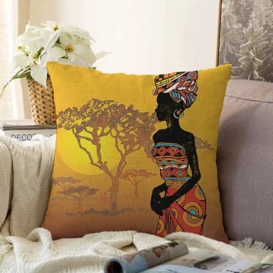 Güneşin Batışındaki Ağaç Zeminli Afrika Kadın Motifli Raşel Kırlent Kılıfı