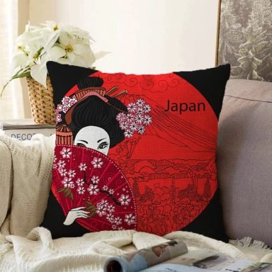 Kırmızı Yelpazeli Şaman Japan Kadın Dijital Baskılı Raşel Kırlent Kılıfı