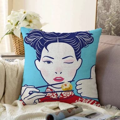 Suşi Yiyen Japon Kız Desenli Modern Raşel Kırlent Kılıfı