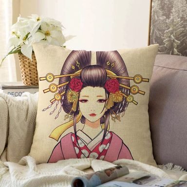 Masum Baskan Japon Kız Motifli Modern Raşel Kırlent Kılıfı