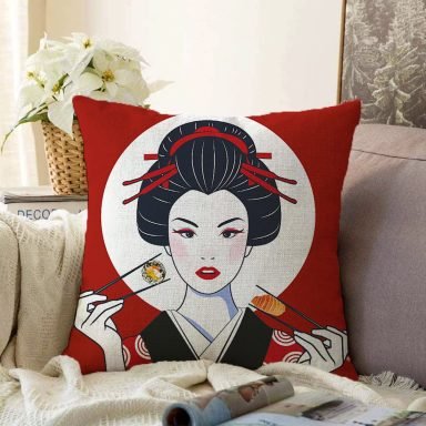 Suşi Yiyen Japon Kız Motifli Modern Raşel Yastık Kılıfı
