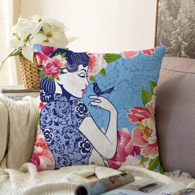 Kuş ve Gül Detaylı Kadın Motifli Dekoratif Raşel Kırlent Kılıfı