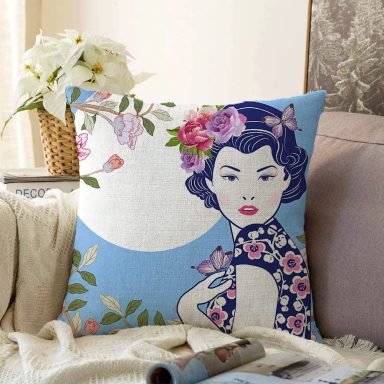 Çiçek Detaylı Modern Kadın Motifli Dekoratif Raşel Yastık Kılıfı
