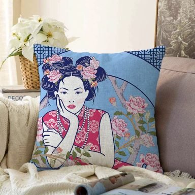 İnci Kolyeli Japon Kadın Dijital Baskılı Modern Raşel Kırlent Kılıfı