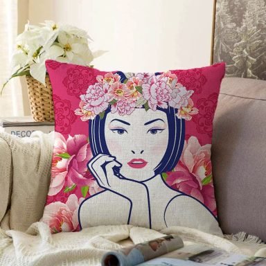 Çiçek Taçlı Japon Kadın Figürlü Dekoratif Raşel Kırlent Kılıfı