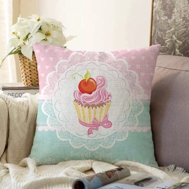 Cup Cake Dijital Baskılı Dekoratif Raşel Yastık Kırlent Kılıfı