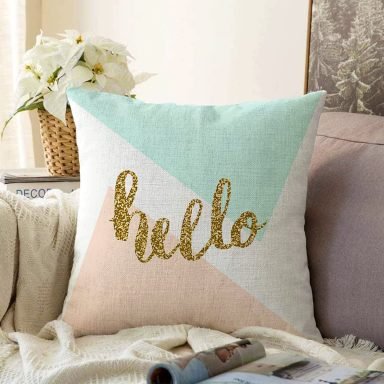 Gold Hello Yazılı Modern Motifler Dijital Baskılı Modern Raşel Yastık Kırlent Kılıfı