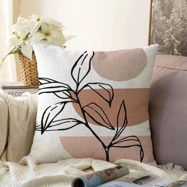 Geometrik Desenli Yaprak Motifli Dijital Baskılı Modern Raşel Yastık Kırlent Kılıfı