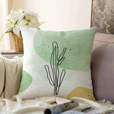 Soft Renkli Onedraw Yaprak Temalı Dijital Baskılı Modern Raşel Yastık Kırlent Kılıfı