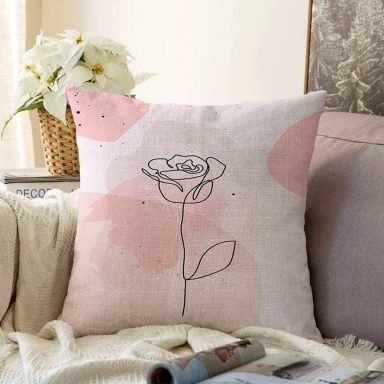 Pastel Renkli Onedraw Gül Resimli Dijital Baskılı Modern Raşel Yastık Kırlent Kılıfı